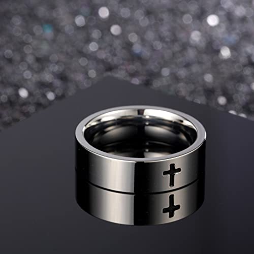 COLORFUL BLING 6MM Simple Polished Engraved Cross Stackable Ring Stainless Steel Silver Christian Cross Ring Sideways Religious Wedding Band Jewelry