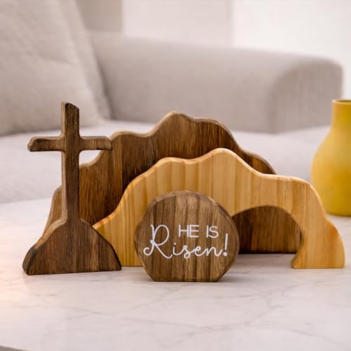 Christian Easter He is Risen Decor, Empty Tomb Cross Easter Decoration for Home, Easter Wooden Resurrection Scene Set Table Mantel Office Kitchen Decor Gift (Brown-4pcs)