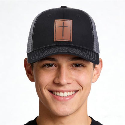 Black Baseball Cap Snapback hat for Men Snap Pack Hip Hop Mens Hat - color: Leather Cross