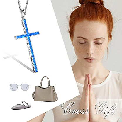 POPLYKE Cross Necklace 925 Sterling Silver Philippians 4:13 I Can Do All The Things Inspirational Necklace Gifts for Women Men 20+2'' - color: Blue Opal