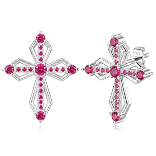 Sterling Silver Dainty Cross Earrings For Women, Christian Religious Faith Cubic Zirconia Stud Earrings - color: ruby
