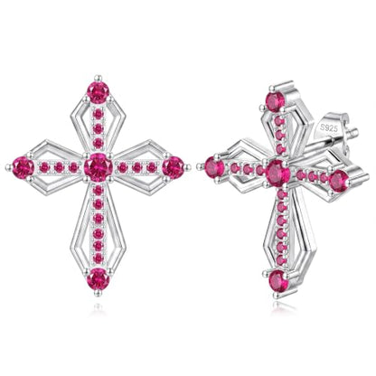 Sterling Silver Dainty Cross Earrings For Women, Christian Religious Faith Cubic Zirconia Stud Earrings - color: ruby