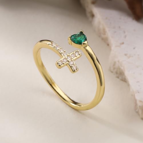 14K Gold Plated CZ Cross Heart Ring Eternity Promise Jewelry for Her - style: Green Stone