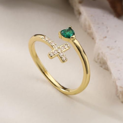 14K Gold Plated CZ Cross Heart Ring Eternity Promise Jewelry for Her - style: Green Stone
