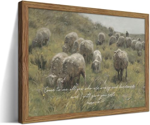 Wood Framed Matthew 11 28 Wall Art Christian Vintage Pasture Wall Decor - color: Matthew 11:28, size: 16"L x 12"W