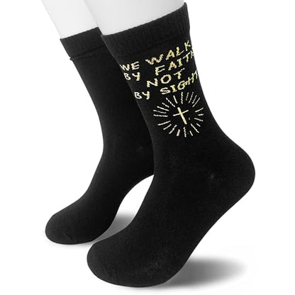 Christian Gifts - We Walk By Faith Not By Sight - Novelty Socks Gifts for Christian. - color: Gold