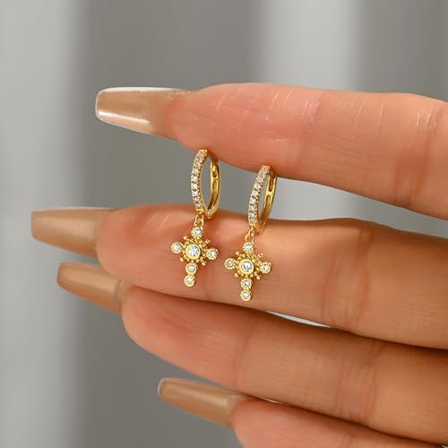925 Sterling Silver Crown Cross Drop Dangle Earrings for Women - color: Gold 2