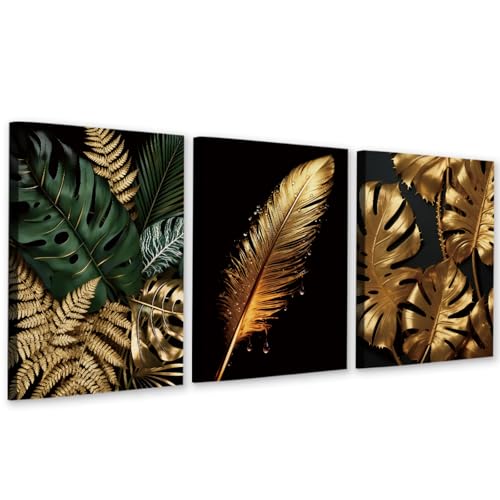 Gold Green Wall Art Canvas Prints Bathroom Wall Decor,Leaf Tropical Botanical Framed Art Posters Modern Home Decoration Set of 3 (12"x16") - color: Gold