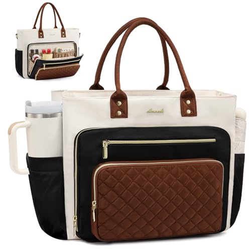 LOVEVOOK Teacher Tote Bag for Women Work, Laptop Bag With Large Cup Holder, Nurse Bags Professional Briefcase Business Computer Purses Bible Handbag Gifts, Black-Beige-Brown, 15.6 Inch - color: Black-beige-brown, size: 15.6 Inch