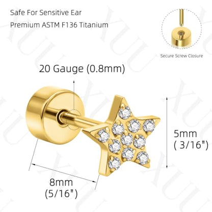 XUU 20G Flat Back Stud Earrings ASTM F136 Titanium - color: gold star