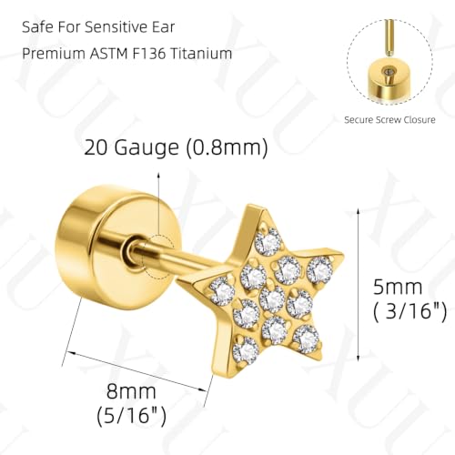XUU 20G Flat Back Stud Earrings ASTM F136 Titanium - color: gold star