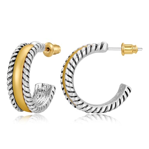 Two Tone Gold Silver Hoop Earrings Mixed Metal Open C Hoop Earrings - color: Antique