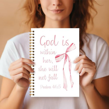 Coquette Pink Bow Christian Notebooks foe Women, God is Within Her She Will Not Fall Bible Journaling Notebook, Church Notes Journal, Prayer Journal, Hardcover Spiral Notebook 5.5x8.3 Inch - color: Section 5