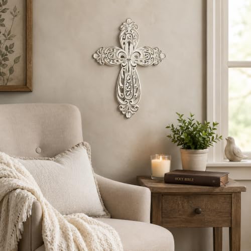 Comfy Hour 12 Inch Cross Wall Decor, Rustic White Cross for Wall