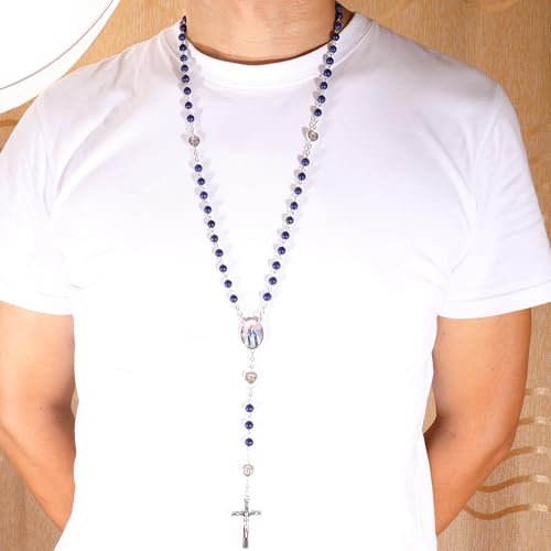 Nazareth Store Natural Stone Beads with Miraculous Epoxy Heart Metal Beads Rosary Necklace Gemstone Christian Gifts - color: Lazuli