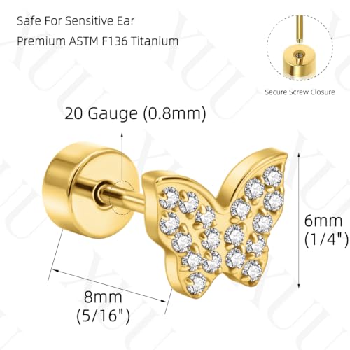 XUU 20G Flat Back Stud Earrings ASTM F136 Titanium & Sparkling CZ - color: gold butterfly