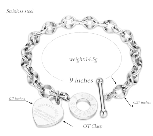 Heart Charm Bracelet Plated 18K Gold/Silver/Rose Gold Bible Scripture Heart Bracelet for Women Jewelry Gift Her Link Chain OT Clasp Stainless Steel - color: Silver（9.1 inch ）