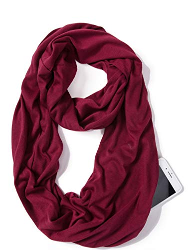 elzama Infinity Loop Solid Color Scarf With Hidden Zipper Pocket For Women - Lightweight Travel Neck Wrap - color: 03-burgundy