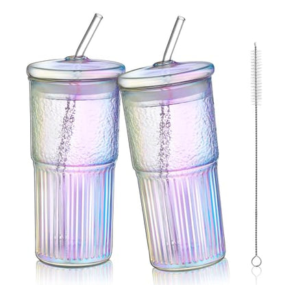 Joeyan 22oz Iridescent Glass Tumbler with Straw and Lid,Ribbed Glasses Cups - color: Iridescent glass tumbler