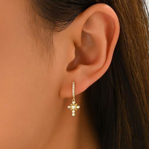 925 Sterling Silver Crown Cross Drop Dangle Earrings for Women - color: Gold 2
