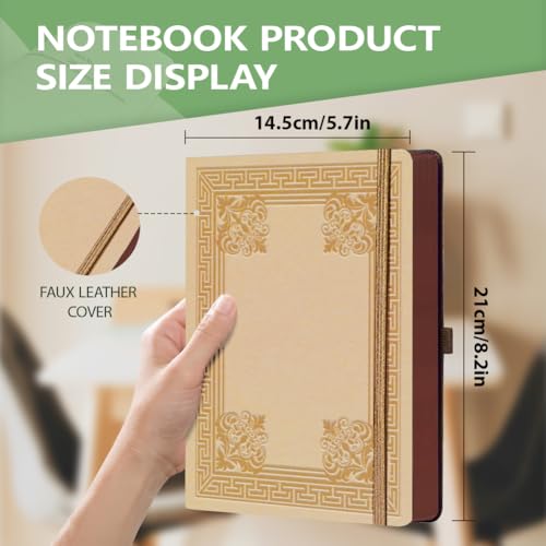 A5 Framed Textured Leather Journal, 300 Pages Lined Notebook, Brown Vintage Pattern Hardcover Notebook for Travel Diary, Business, Work and School Daily Writing - style: Framed Textured