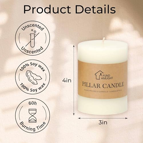 3x4 Inch White Pillar Candles Set of 3, Hand-Poured Unscented Pillar Candle - color: White, size: 3x4