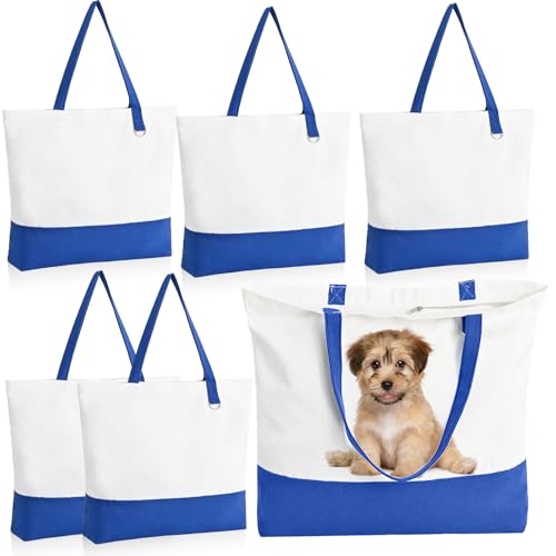 6-Pack Canvas Tote Bags with Zipper, Large Grocery Tote, Royal Blue - color: Royal Blue/White