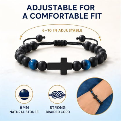 Boys Cross Bracelet, Adjustable Tiger Eye Bead Bracelet - color: B-Birthday