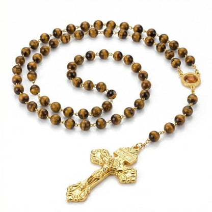 RUDELL Rosary Beads Catholic for Women - Rosary Necklace for Women with Pearl Beads - Medal Cross Saint Benedict Rosary for Men - Prayer Rosarios Catolicos Jewelry Gift - color: Tiger's eye