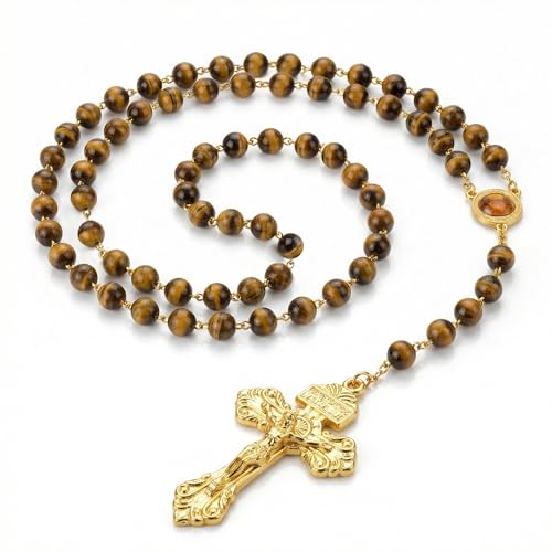 RUDELL Rosary Beads Catholic for Women - Rosary Necklace for Women with Pearl Beads - Medal Cross Saint Benedict Rosary for Men - Prayer Rosarios Catolicos Jewelry Gift - color: Tiger's eye