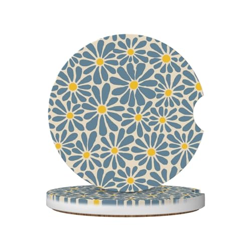Blue Floral Car Coasters for Cup Holders,2 Pack Car Cup Holder Coasters for Car,Ceramic Absorbent Car Coaster with A Finger Notch and Cork Base,Car Interior Accessories for Women Men - color: Blue Floral