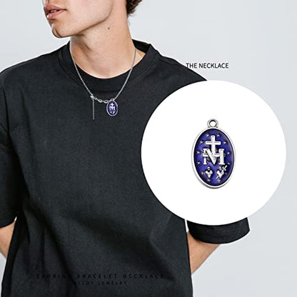 10Pcs Large Catholic Virgin Mary Medals – Alloy Oval Blue Enamel Pendant for DIY Necklace Jewelry Making, Ideal for Men and Women