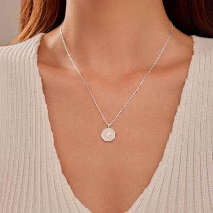 925 Sterling Silver Mother of Pearl Cross Necklace for Women - color: Silver-White