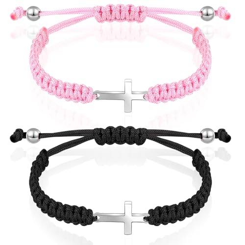 Sureio 2 Pcs Christian Cross Matching Bracelets for Women Men - color: Black, Pink