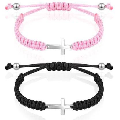 Sureio 2 Pcs Christian Cross Matching Bracelets for Women Men - color: Black, Pink