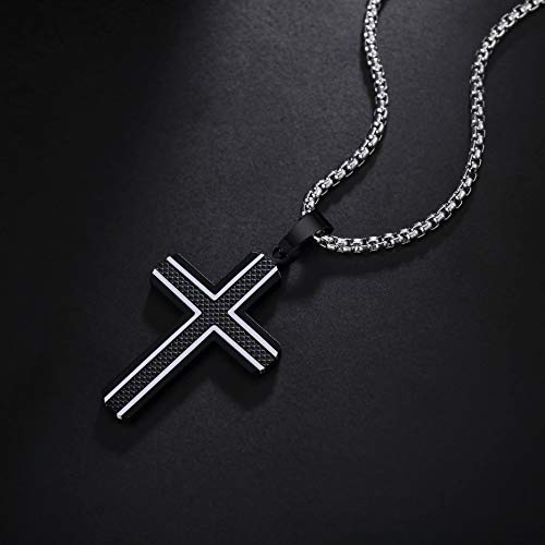 Men's Stainless Steel Cross Necklace,Two-Tone Black & Blue Carbon Fiber Pendant - Included Gift Box - style: Black & Silver XL004