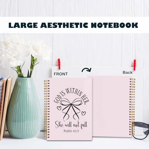 BearCake Pink Coquette Bow Christian Notebook Journal, God is Within Her She Will Not Fall Bible Journal for Women, Christian Religious Gifts for Woman, Hardcover Spiral Notebook 5.5x8.3 - color: white Bible-46:5