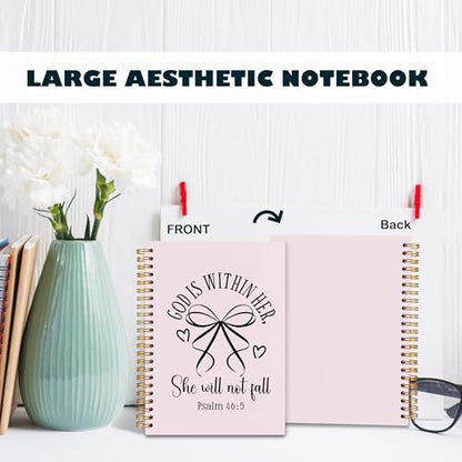 BearCake Pink Coquette Bow Christian Notebook Journal, God is Within Her She Will Not Fall Bible Journal for Women, Christian Religious Gifts for Woman, Hardcover Spiral Notebook 5.5x8.3 - color: white Bible-46:5