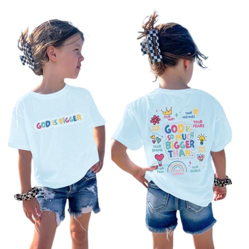 Sulayesh Girls Cute Christian Shirts Jesus God Faith Bible Verse Tshirt for Kids Religious Inspirational Graphic Tees Tops - color: Light Blue, size: 13-14 Years