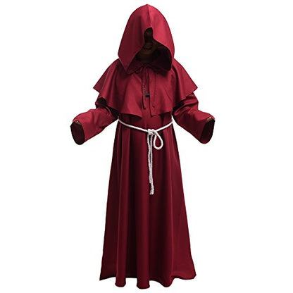 BLESSUME Friar Hooded Robe Monk Renaissance Priest Halloween Medieval Role Play Costume - color: Burgundy Cowl Hat+robe+ Waist Rope+necklace, size: Small