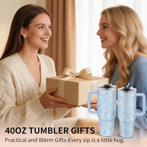 40 oz Blue Flower Tumbler with Handle and Straw, Floral Gifts for Women - color: Floral3