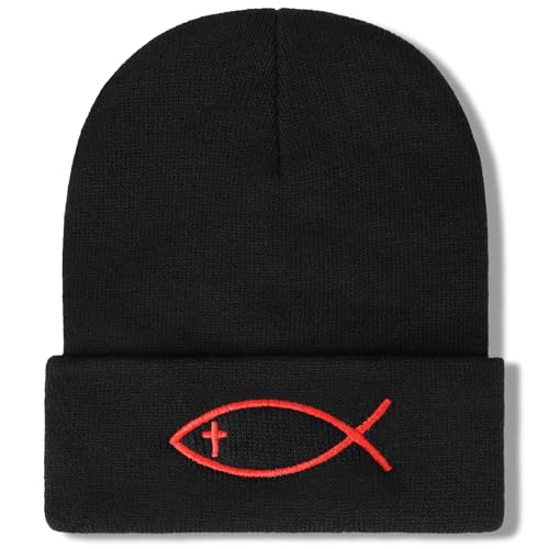 Christian Jesus Fish Beanie Hat for Men Women, Cuffed Beanie Jesus Hats, Religious Gifts for Christmas, New Years - color: Black, style: Cross Fish
