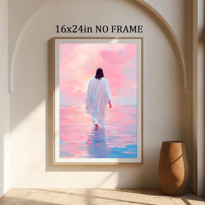 Oiyehokeul Pink Jesus Walking on Water Wall Art God Poster 16x24in No Frame - color: A5Unframed