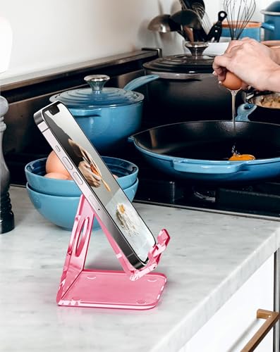 TOPGO Acrylic Cell Phone Stand, Clear Phone Holder for Office Desk, Vanity, Kitchen Counter, Bedside Table, Compatible with iPhone 17 16 15 14 13 12 Pro Max Plus/Smartphones/iPad/Switch/Kindle(Pink)