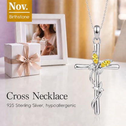 Distance Cross Necklace for Women 925 Sterling Silver Jewelry Pendant Necklace for Mom Wife Gift for Mother's Day or Birthday - style: 11-Yellow Topaz