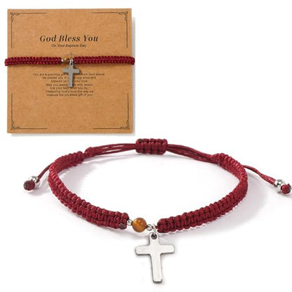 Christian Gifts for Women Men,Adjustable Religious Cross Brided String Faith Bracelet,Minimalism Catholic Baptism Accessories Jewelry Gifts Friendship - color: Red