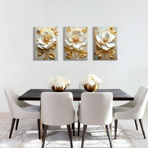 WENGTIAO Modern White Floral Golden Leaves Canvas Wall Art Set 16x24 x3Pcs - color: Flower-golden leaf, size: 16"x24"x3Pcs