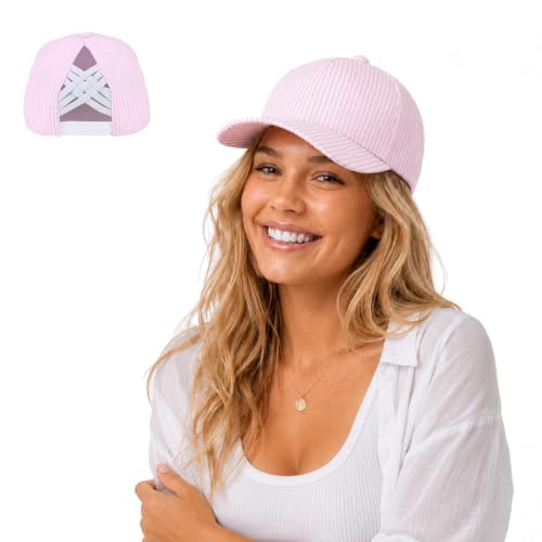 C.C Women's Criss-Cross Ponytail Trucker Hat - Snapback, One Size - color: Cotton Stripe-pink