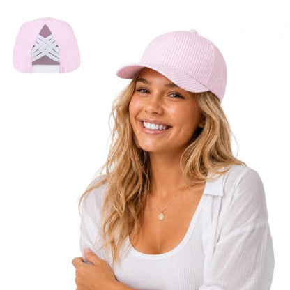 C.C Women's Criss-Cross Ponytail Trucker Hat - Snapback, One Size - color: Cotton Stripe-pink