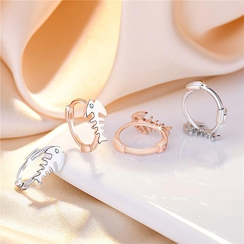 Fishbone Hoop Earrings for Women Gold Silver Plated Fish Skeleton Chic Cubic Zirconia Small Huggie Hoop Earrings for Ocean Sea Nautical Vacation Jewelry Accessories - color: Silver